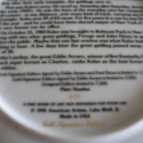 Fred Stone Gold Signature Edition Kelso Eddie Arcaro Up Collectors Plate - Picture 5 of 10